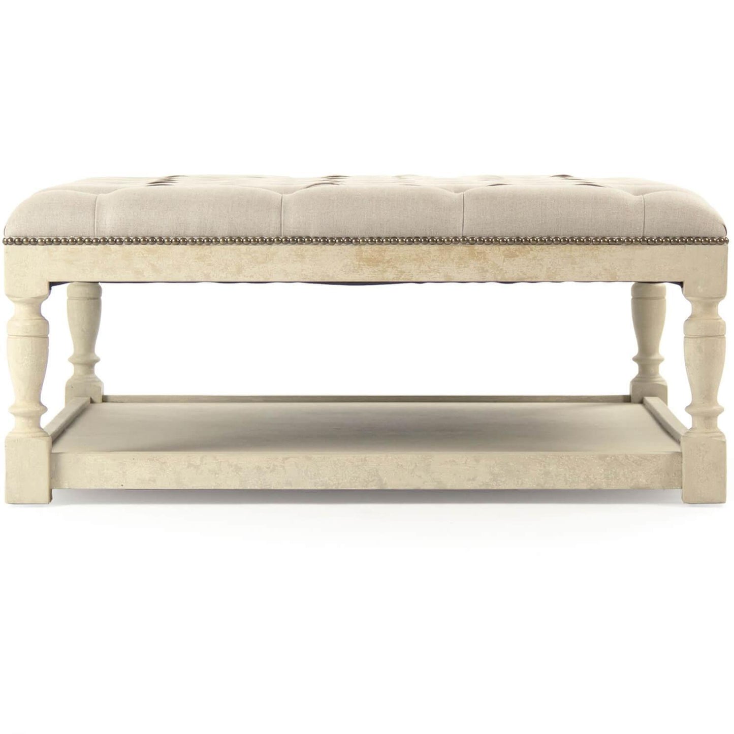 Pouf carré capitonné blanc cassé vieilli