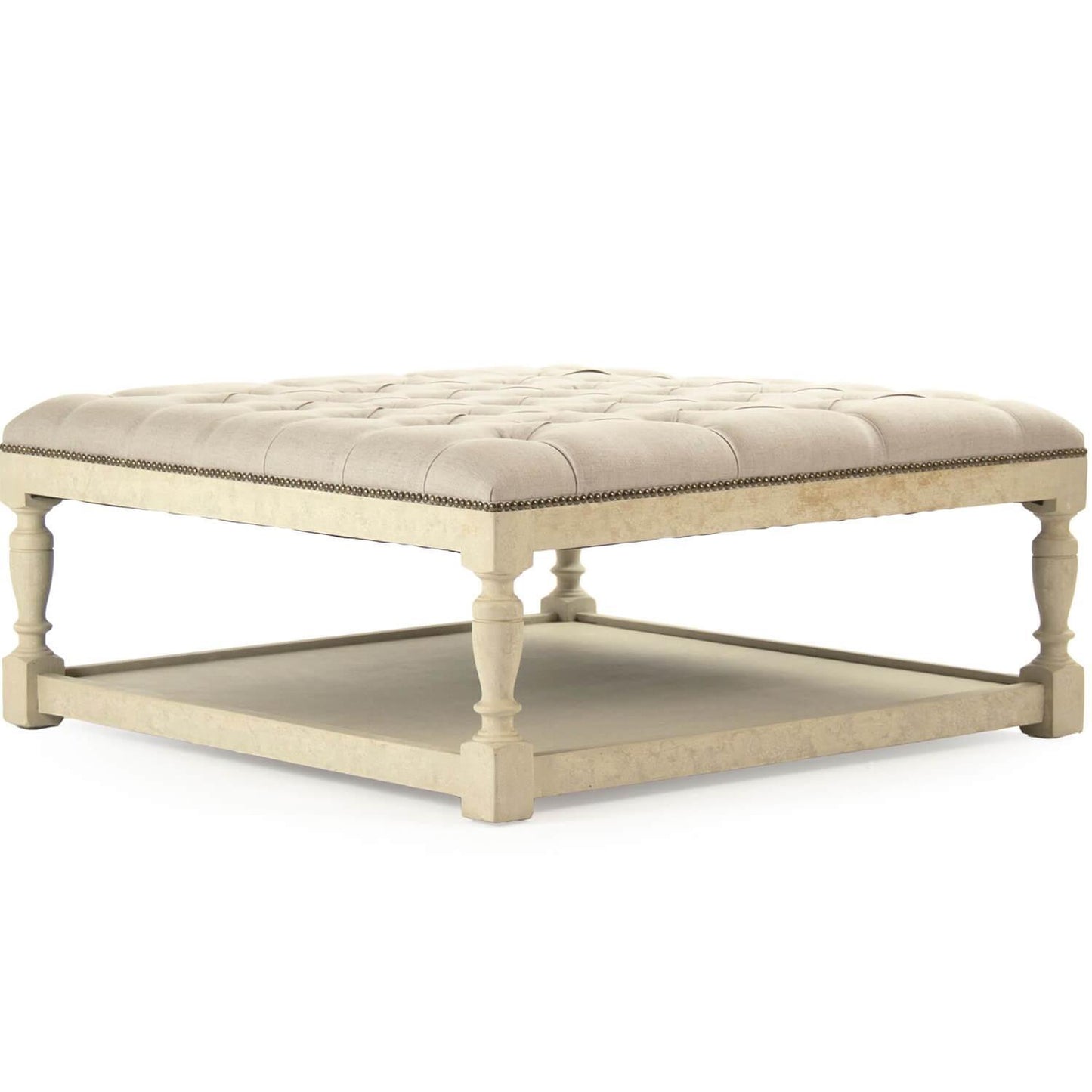 Pouf carré capitonné blanc cassé vieilli