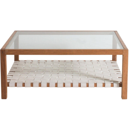 Table basse avec plateau en verre et sangles en cuir
