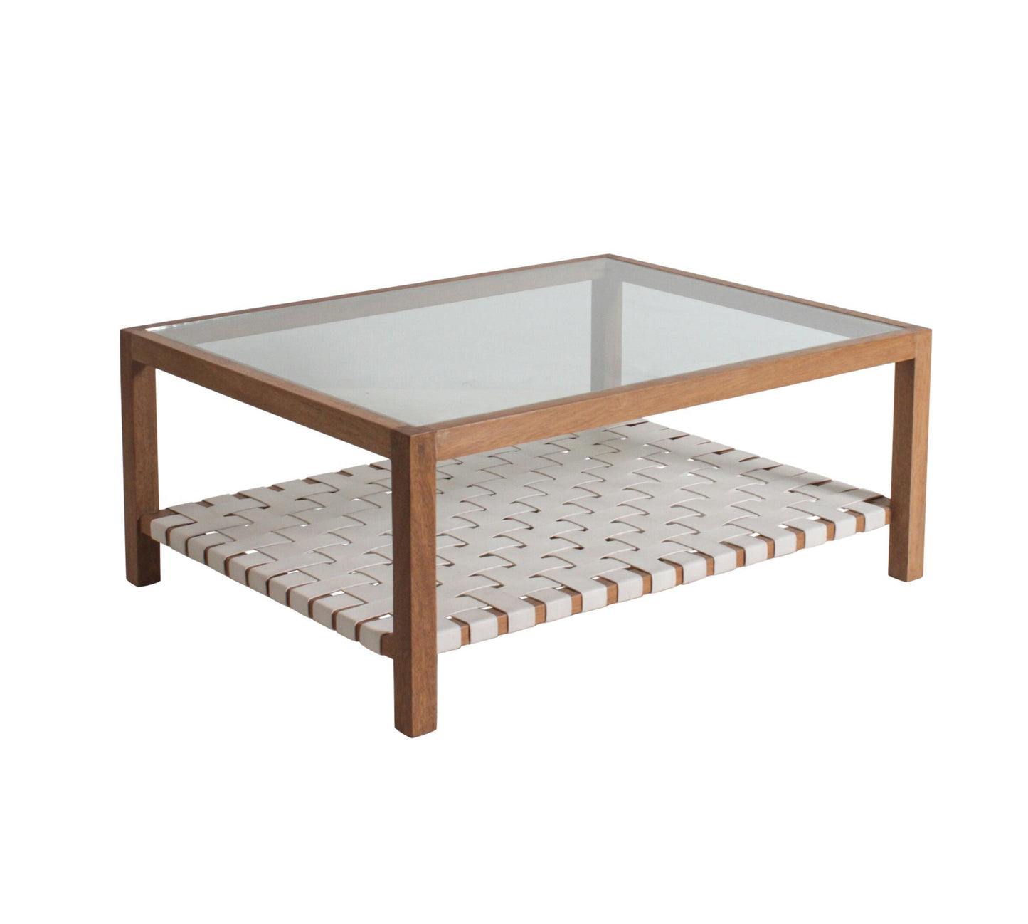 Table basse avec plateau en verre et sangles en cuir