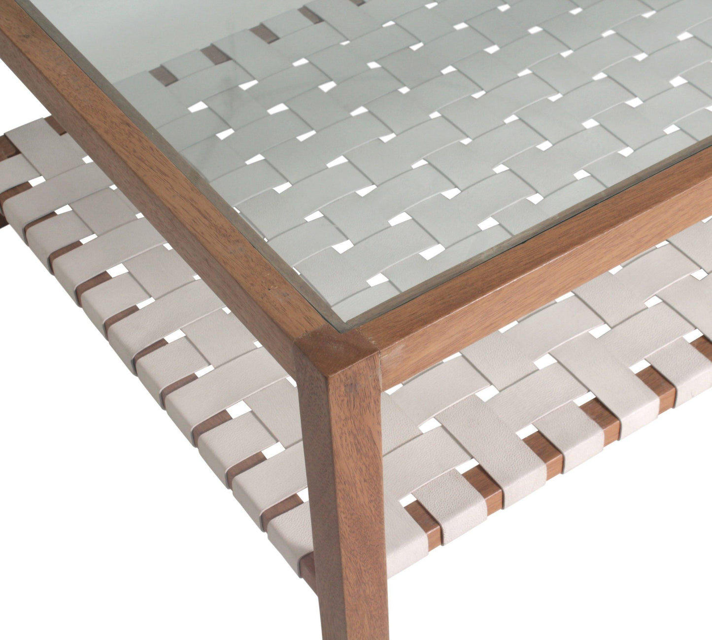 Table basse avec plateau en verre et sangles en cuir
