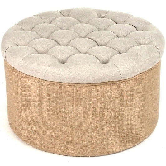 Pouf rond en toile de jute touffetée