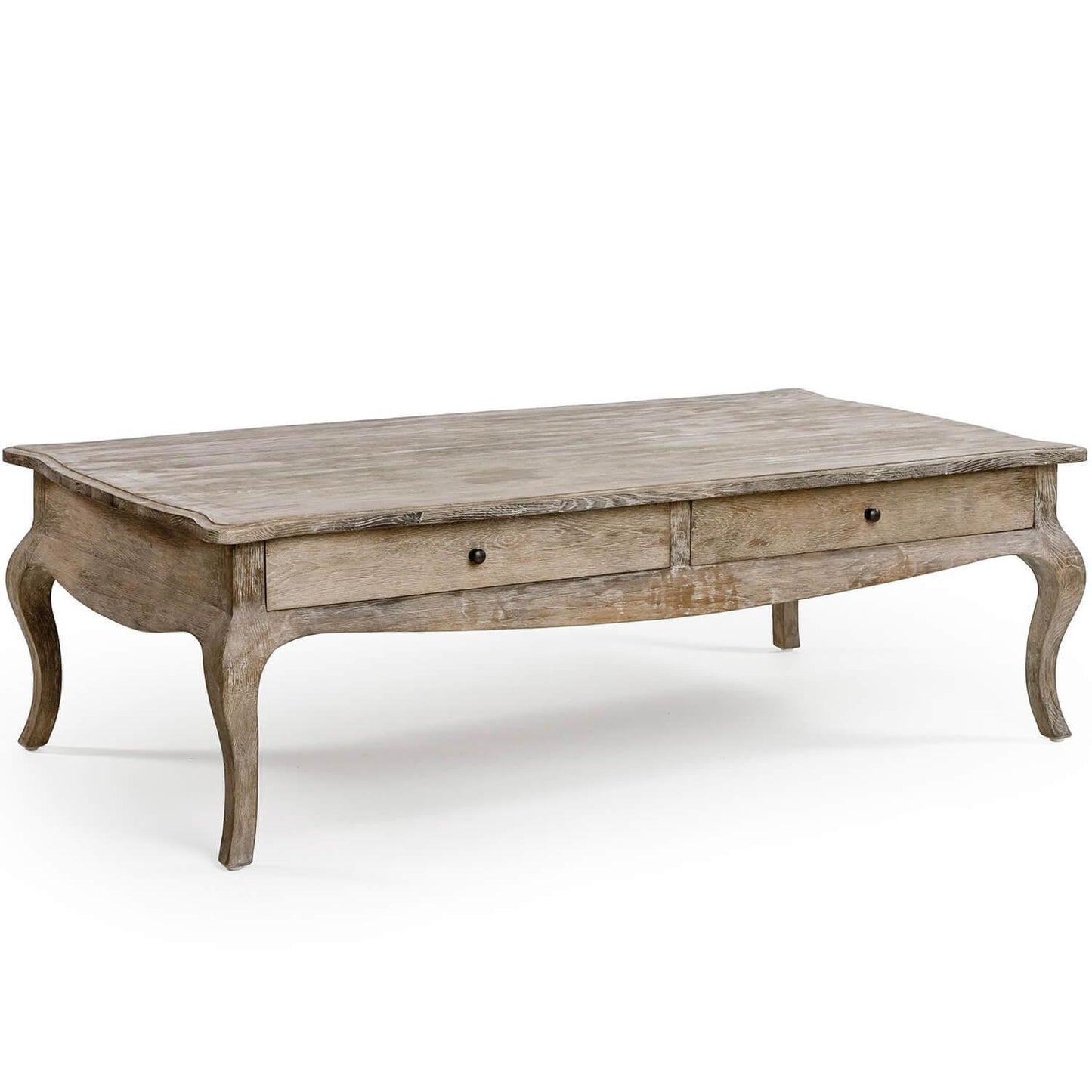 Table basse française en bois patiné avec tiroirs