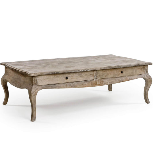 Table basse française en bois patiné avec tiroirs