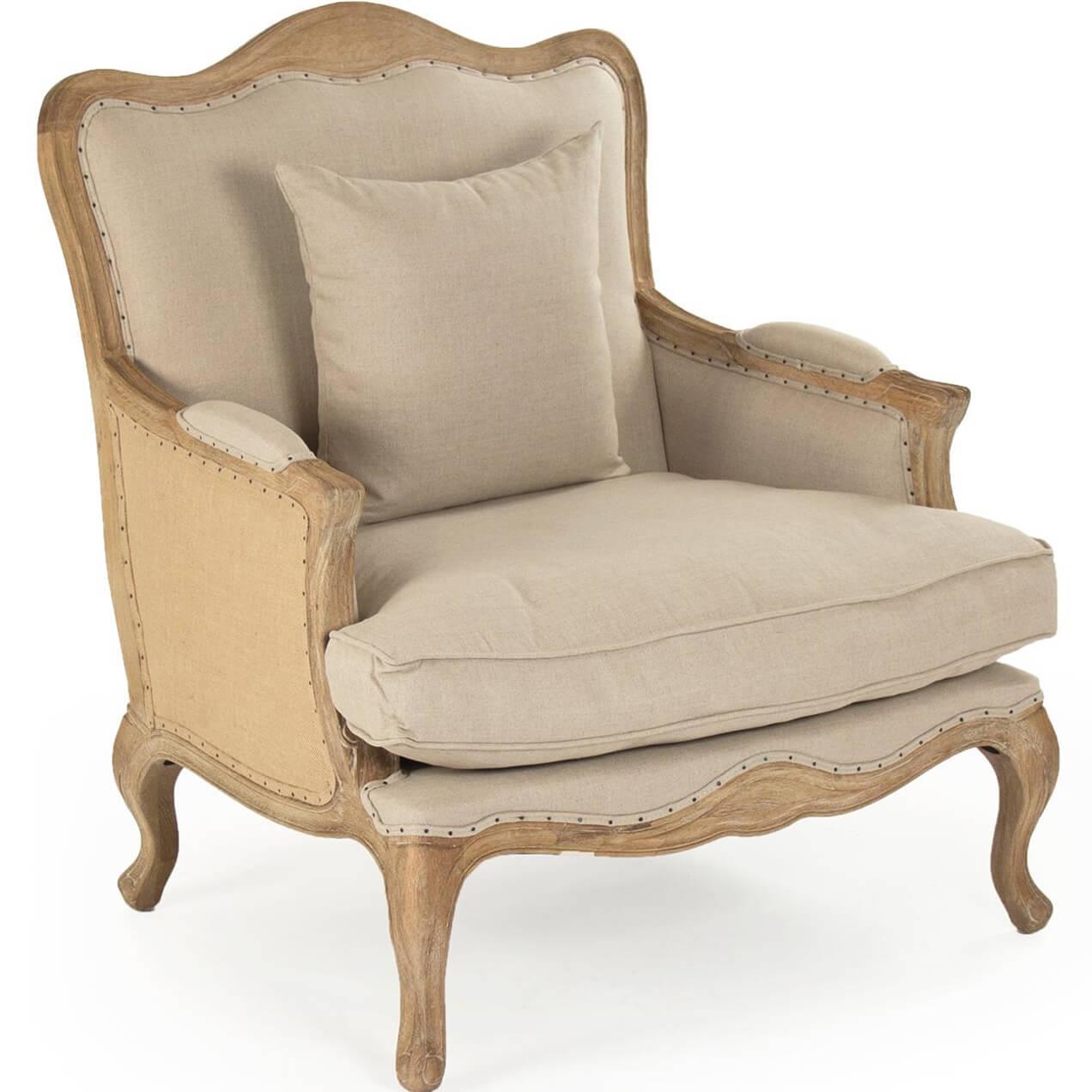Fauteuil club en toile de jute française sculptée en bois