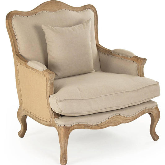 Fauteuil club en toile de jute française sculptée en bois