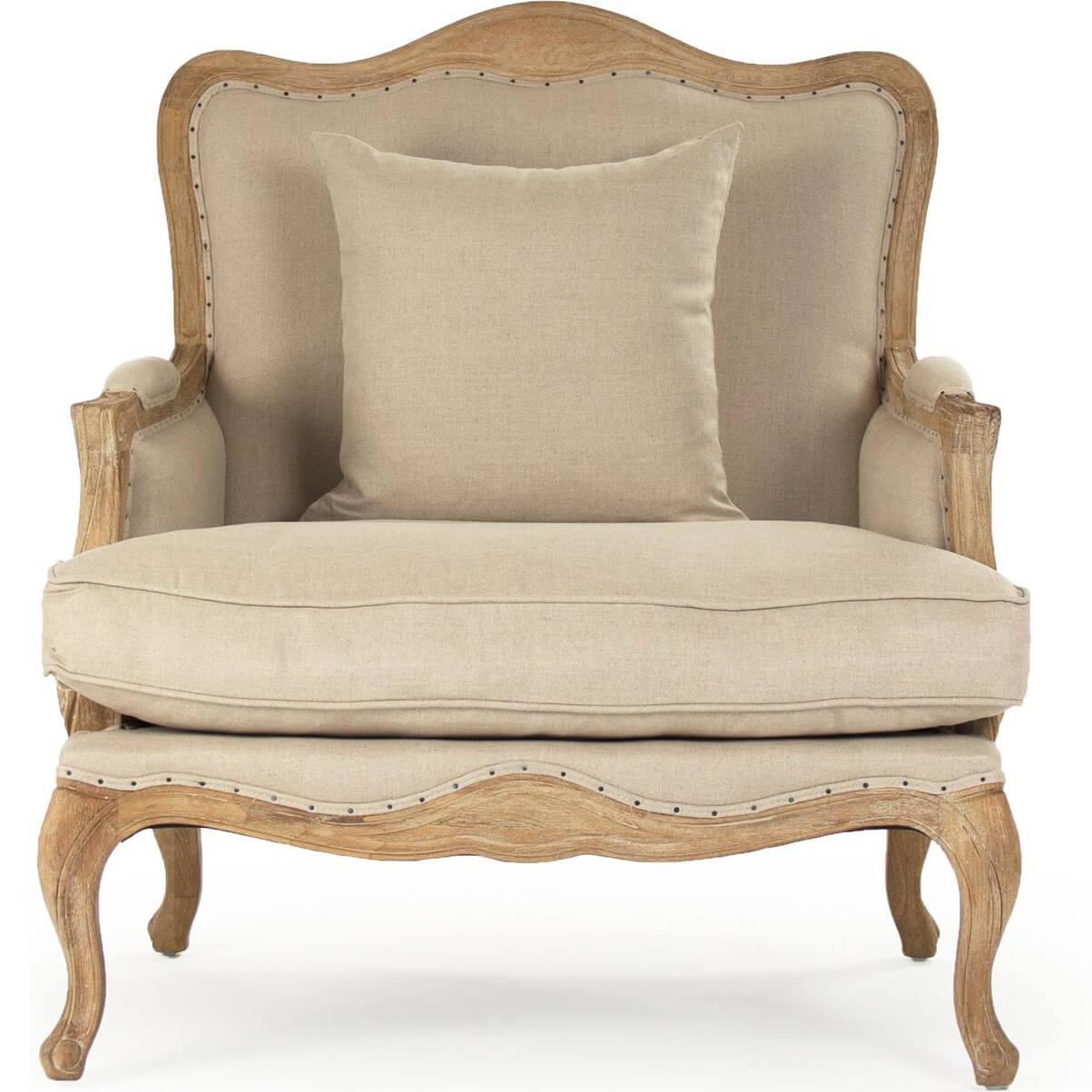Fauteuil club en toile de jute française sculptée en bois