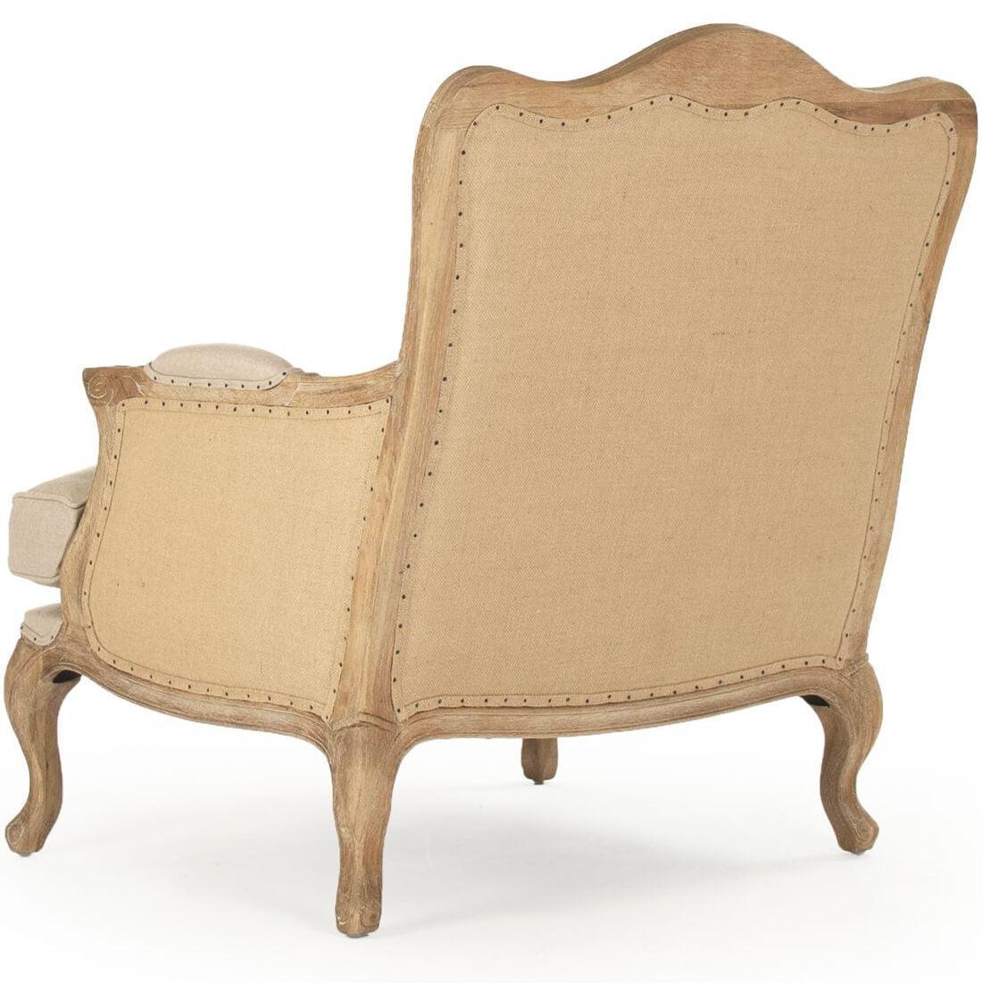 Fauteuil club en toile de jute française sculptée en bois