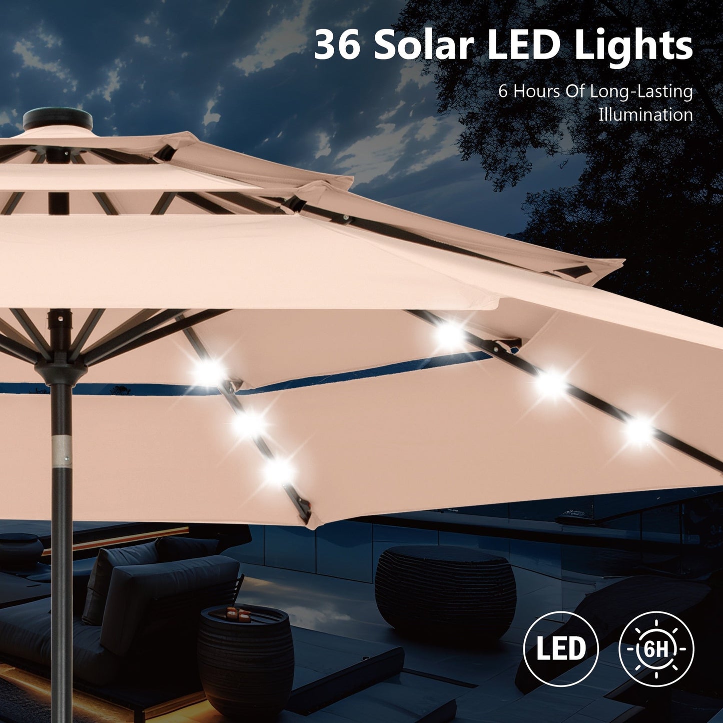 Parasol de terrasse inclinable à 3 niveaux de 10 pieds de MAISON ARTS, parasol d'extérieur à double ventilation avec lumières LED