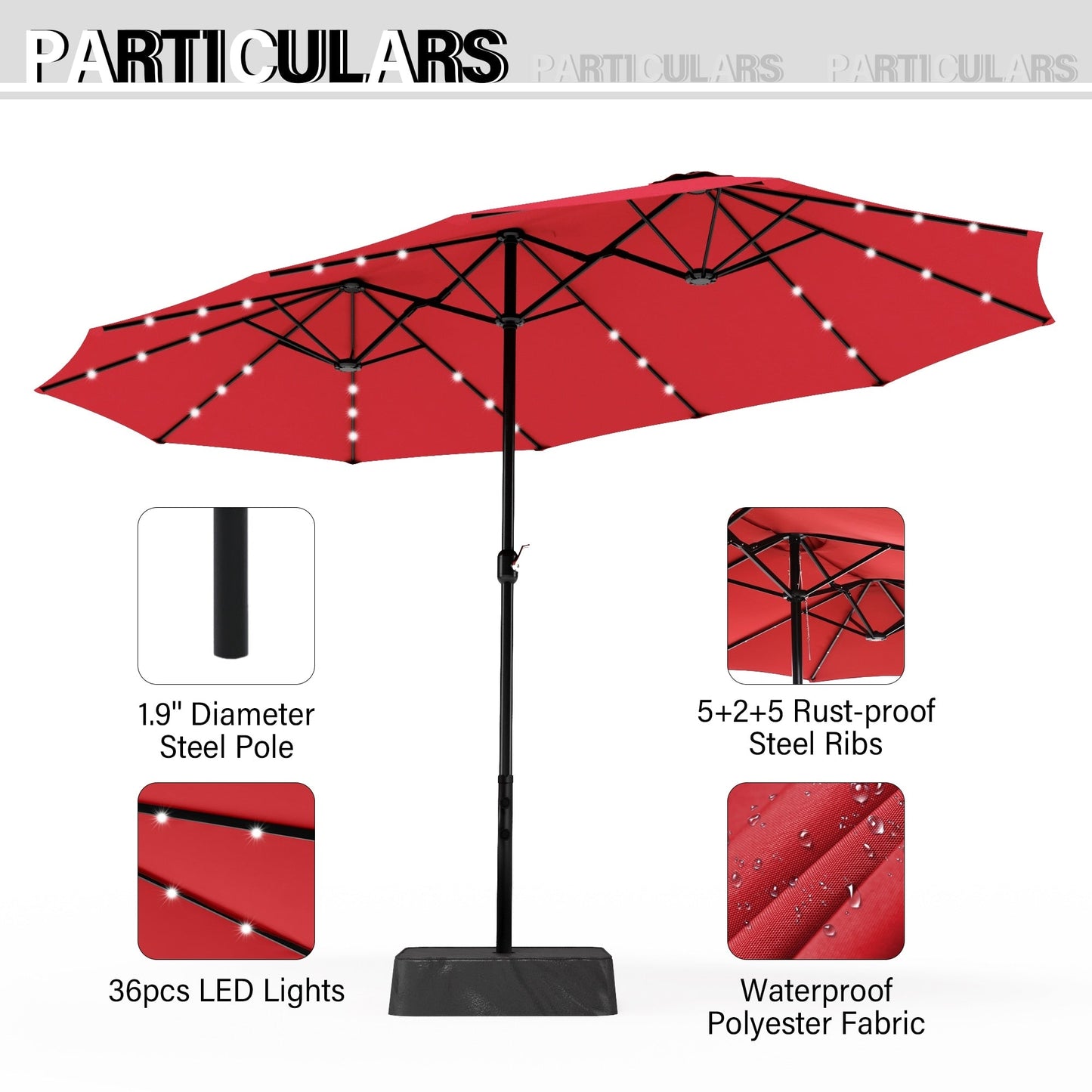 MAISON ARTS Parasol de marché extérieur rectangulaire à manivelle double face de 15 pieds Parasol de patio éclairé par LED solaire avec base incluse