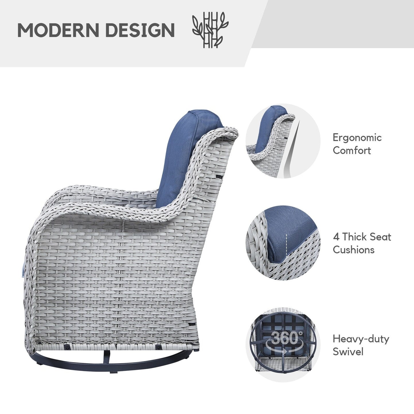 Fauteuil à bascule pivotant d'extérieur Gymojoy 3 pièces en osier avec coussin et table