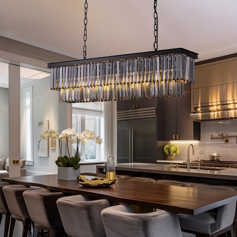Lustre contemporain en cristal gris fumé et noir de 47 po, design linéaire à deux niveaux, luminaire suspendu pour îlot de cuisine et salle à manger.