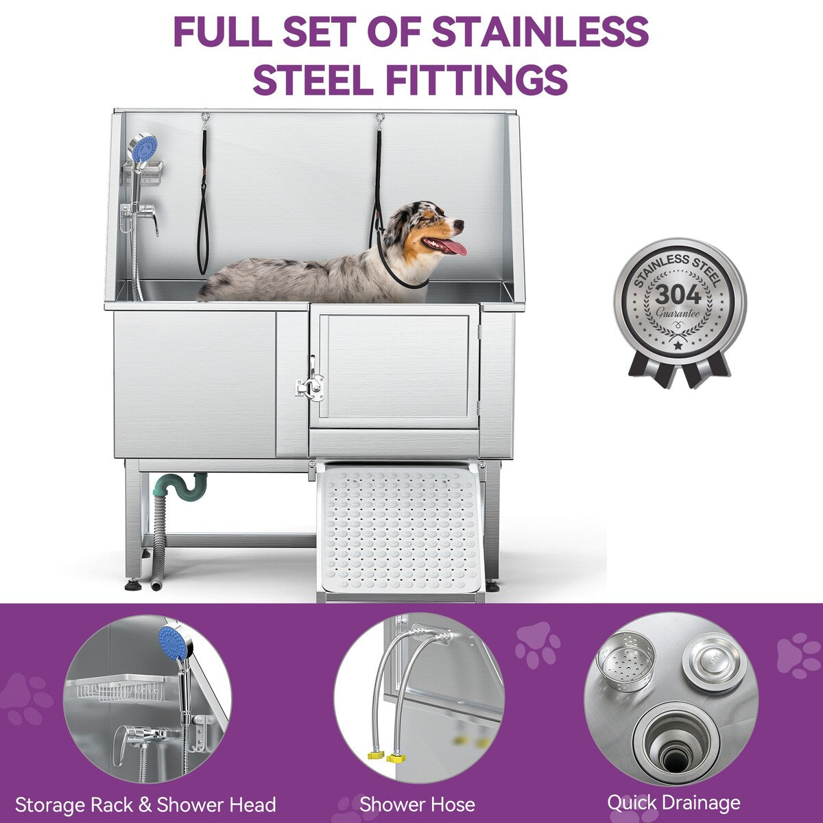 Baignoire de toilettage réglable en acier inoxydable de 50 po de largeur avec rampe - Argent