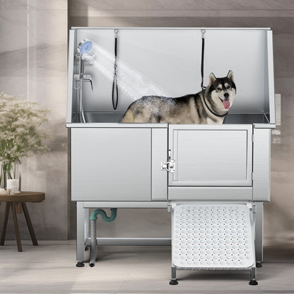 Baignoire de toilettage réglable en acier inoxydable de 50 po de largeur avec rampe et marches