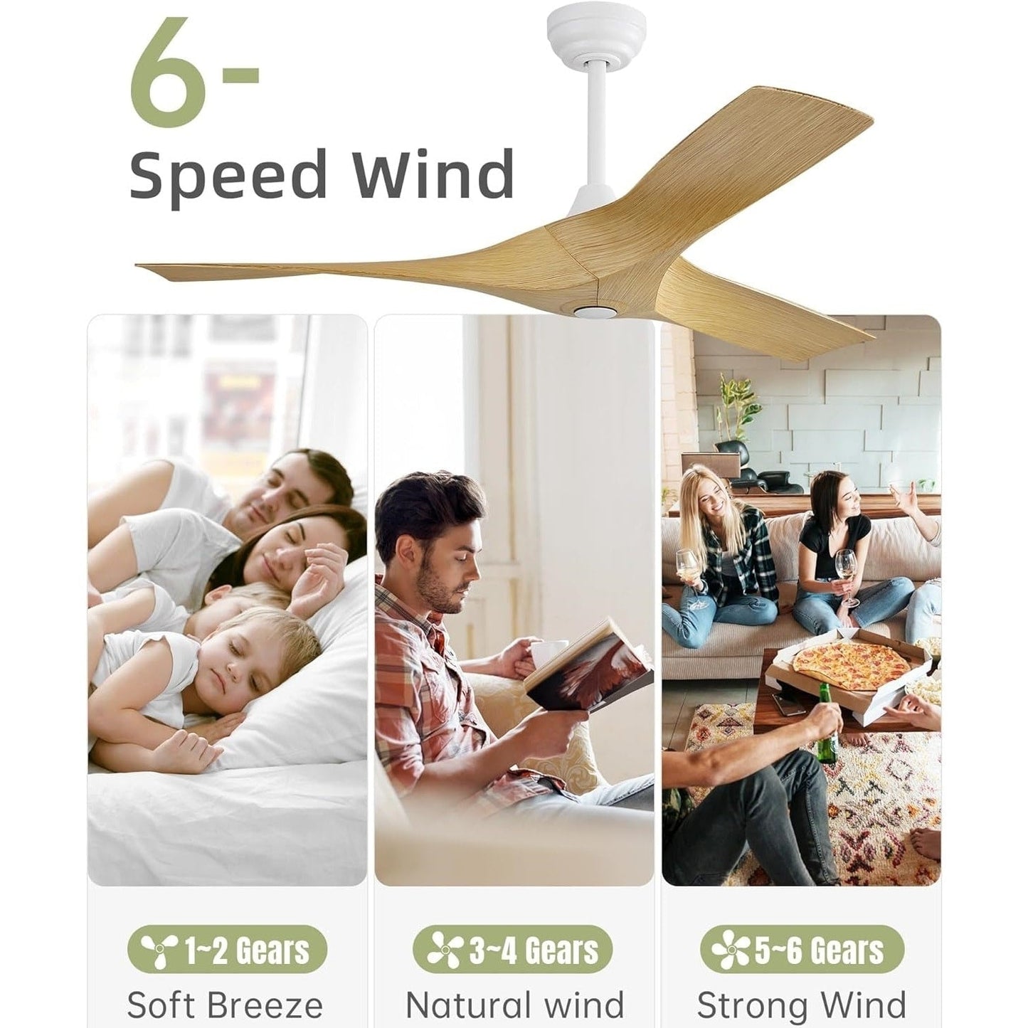 Ventilateur de plafond moderne en bois massif/ABS de 52 pouces avec télécommande (sans lumière), 6 vitesses de vent, flux d'air réversible