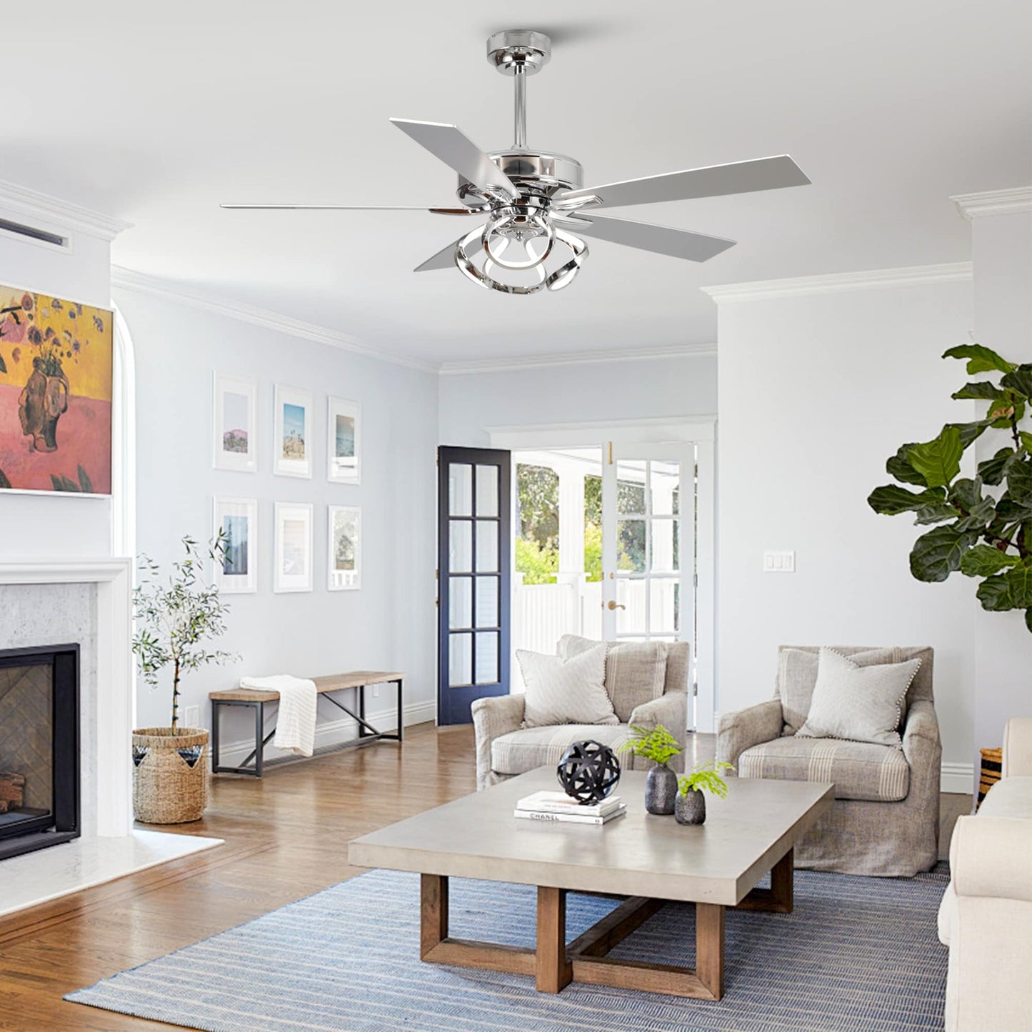 Ventilateur de plafond LED d'intérieur moderne chromé/noir à intensité variable avec lumière et télécommande