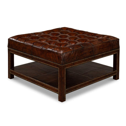 Pouf capitonné en cuir marron