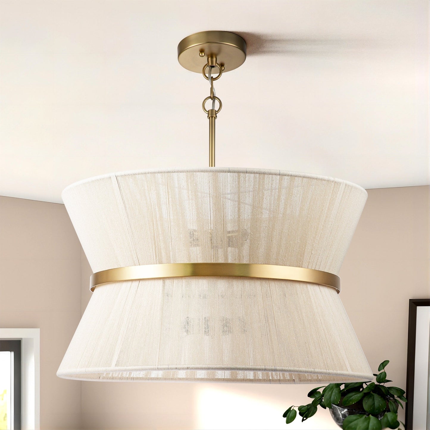 Lustre tambour bohème moderne à 8 lumières, grand format, 61 cm, en tissu tissé à la main, couleur or/noir, pour salle à manger/salon