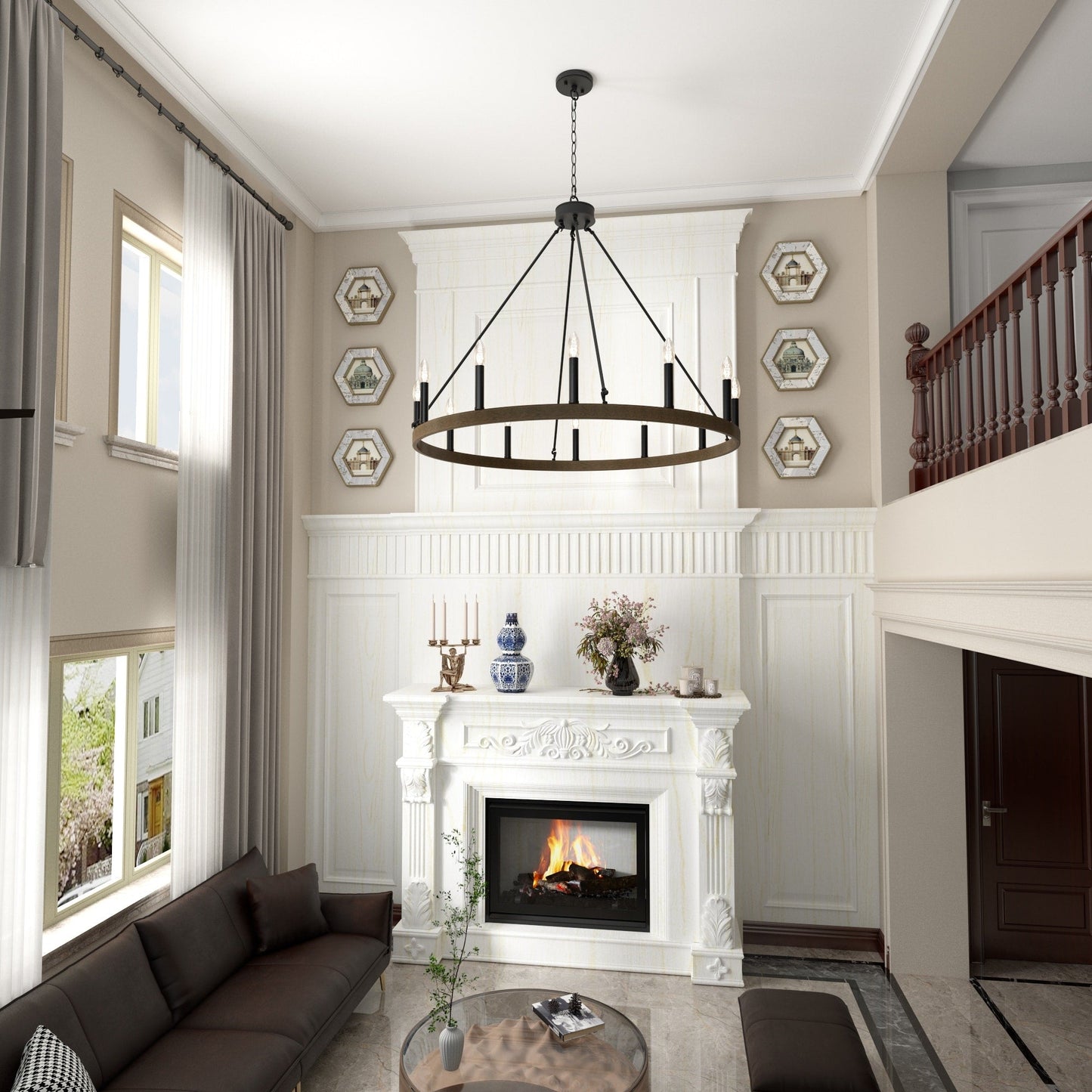 Lustre Acroma Farmhouse à 12 lumières, 40 po, en forme de roue de chariot, certifié UL - 40 po P x 138 po H