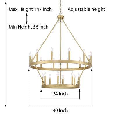 Lustre rond en forme de roue de chariot de style ferme moderne Acroma à 20 lumières de 40 po avec UL