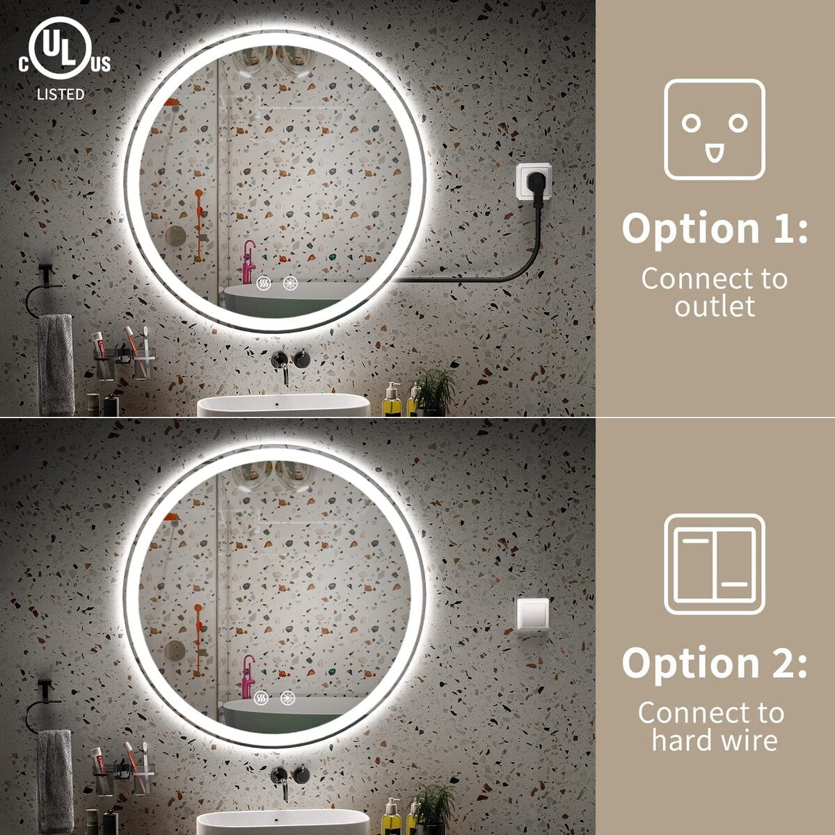 Miroir de courtoisie rond sans cadre, antibuée, éclairé par LED et à intensité variable