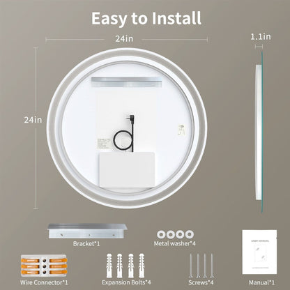 Miroir de courtoisie rond sans cadre, antibuée, éclairé par LED et à intensité variable