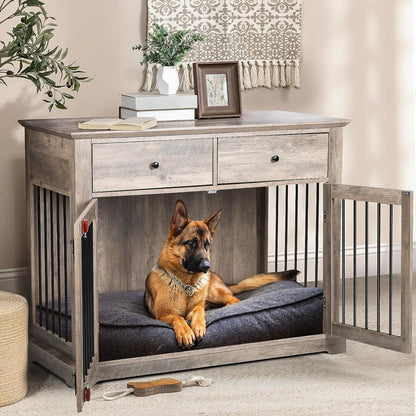 Cage pour chien Bossin de 111 cm de large, table d'appoint en bois avec tiroirs de rangement, niche décorative pour animaux de compagnie.
