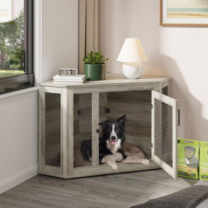 Niche d'angle pour chien Bossin, niche en bois de 44/52 pouces avec filet, niche décorative en bois pour chien, idéale pour l'intérieur