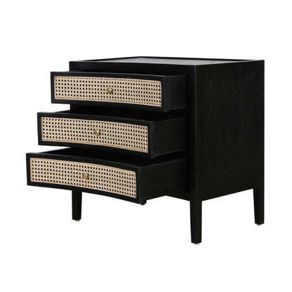 Commode latérale incurvée noire avec tiroirs en rotin