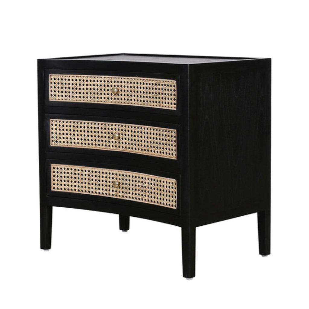 Commode latérale incurvée noire avec tiroirs en rotin