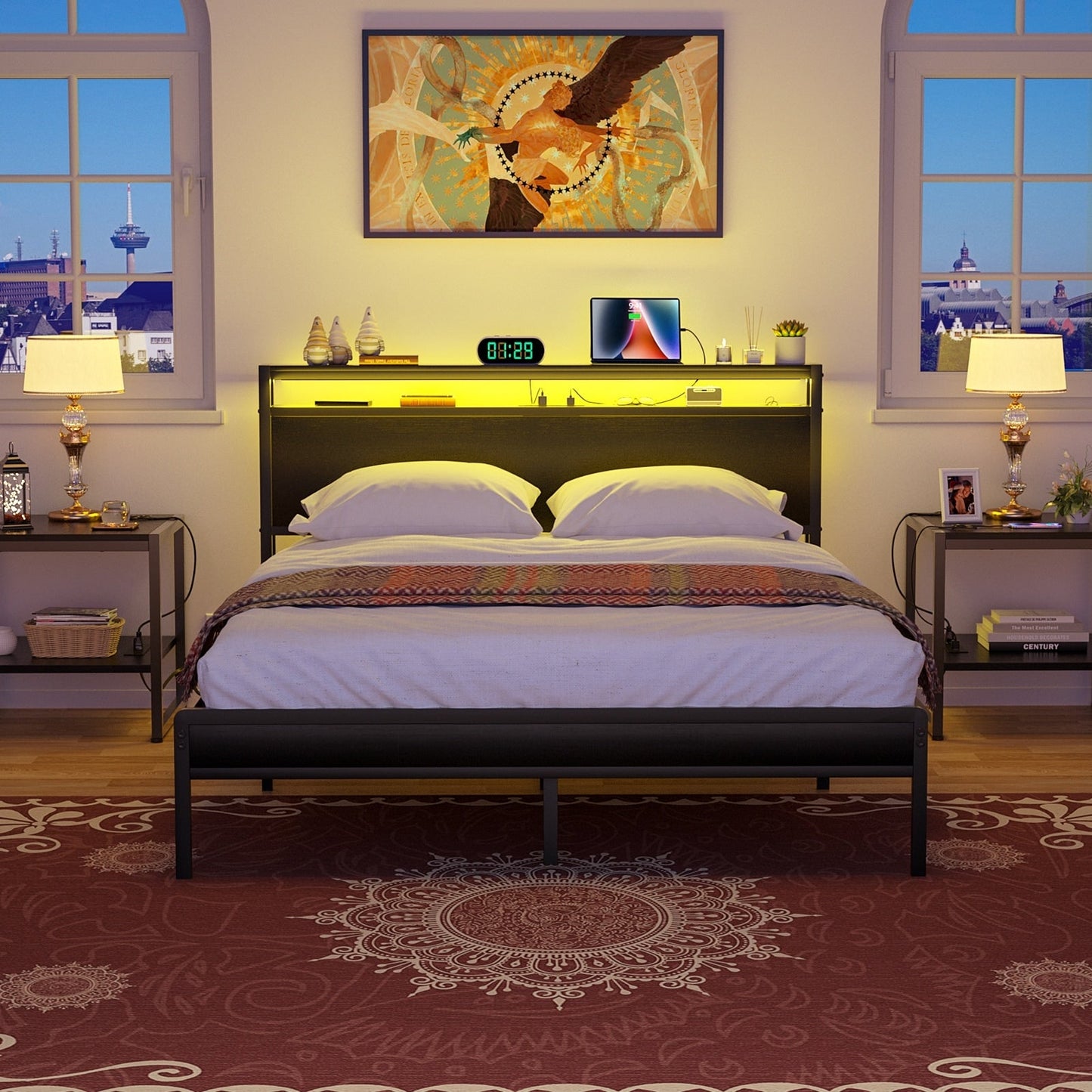 Cadre de lit plateforme en bois de style ferme avec station de charge et lumières LED