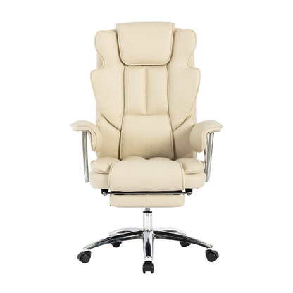 Fauteuil de bureau inclinable ergonomique pivotant à 360° en cuir reconstitué beige avec dossier haut et support lombaire, repose-pieds et hauteur réglable