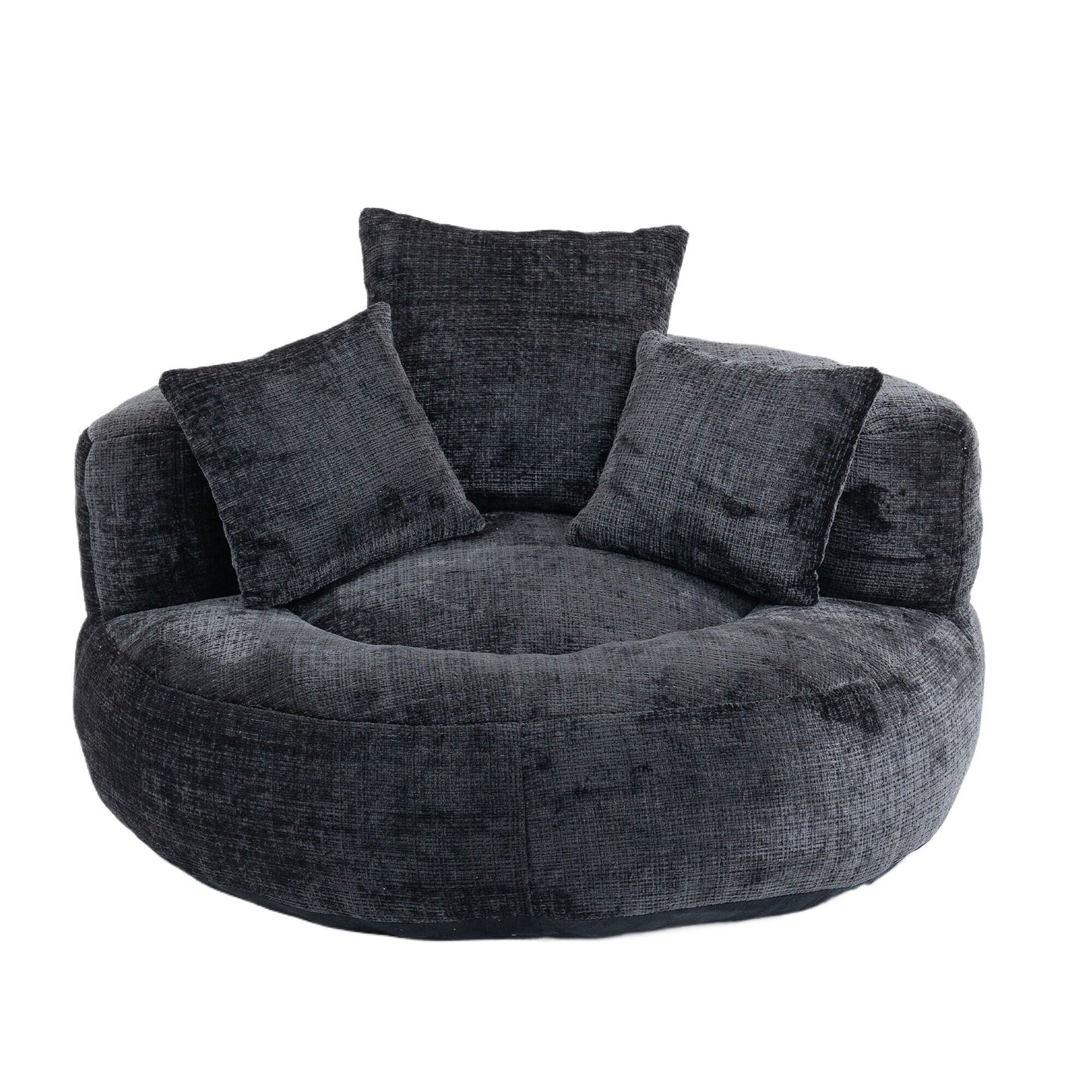 Pouf simple surdimensionné en chenille noir de 42,52 pouces avec trois oreillers pour chambre à coucher