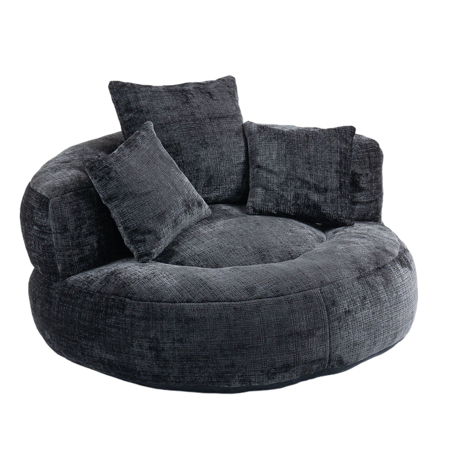 Pouf simple surdimensionné en chenille noir de 42,52 pouces avec trois oreillers pour chambre à coucher