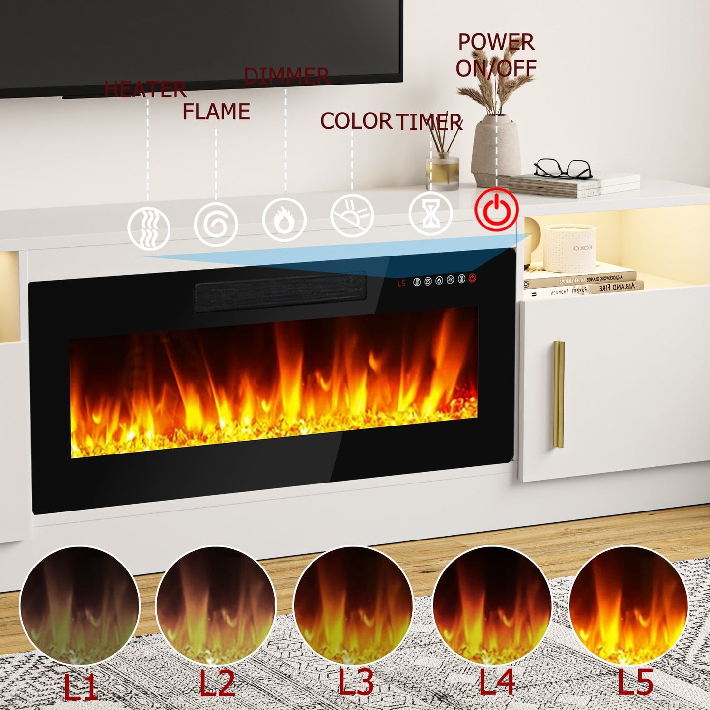 Meuble TV Bossin 70 avec cheminée électrique de 36 pouces, meuble TV pour téléviseurs jusqu'à 80 pouces, éclairage LED 16 couleurs/centre de divertissement