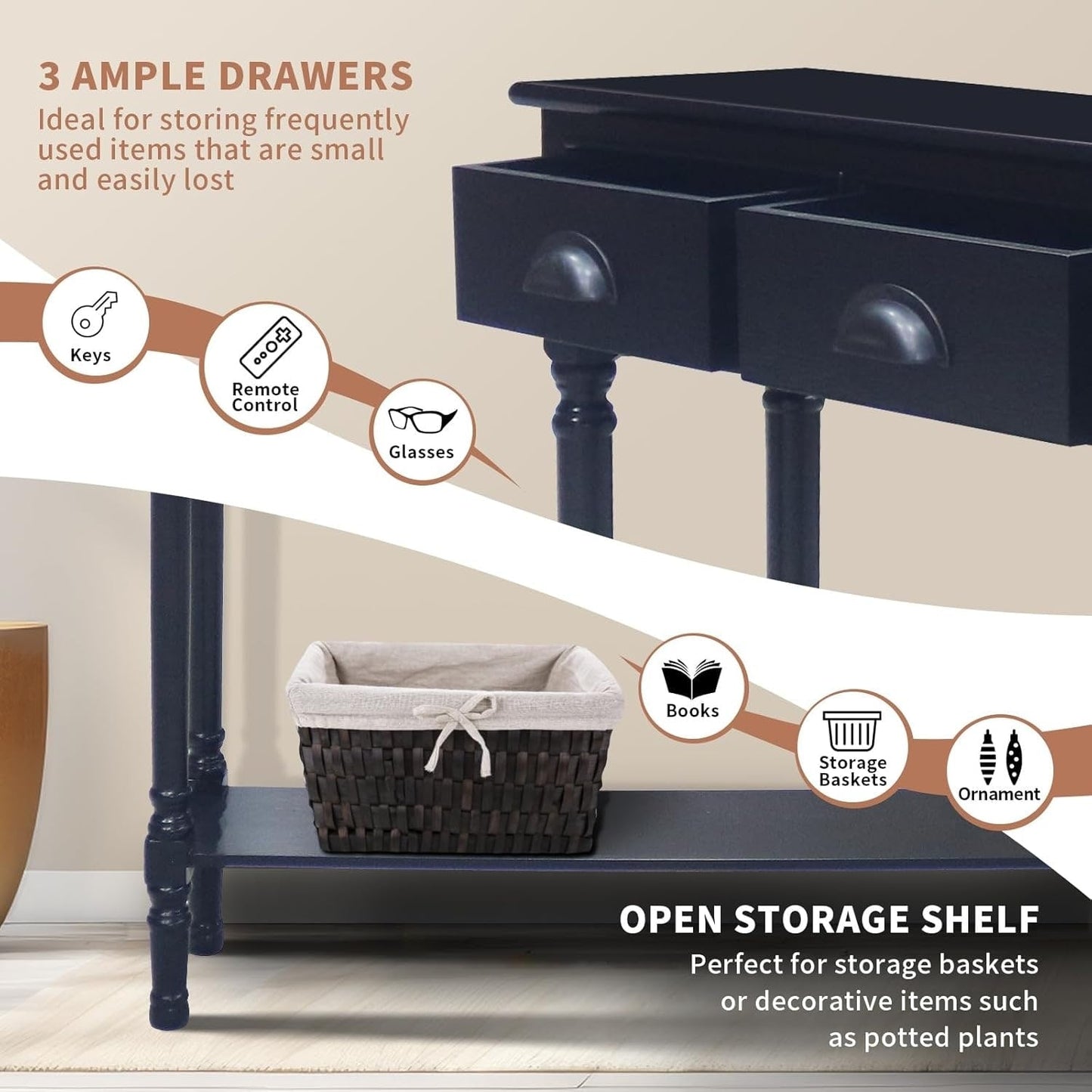 Console d'entrée à 3 tiroirs en bois de Burlington