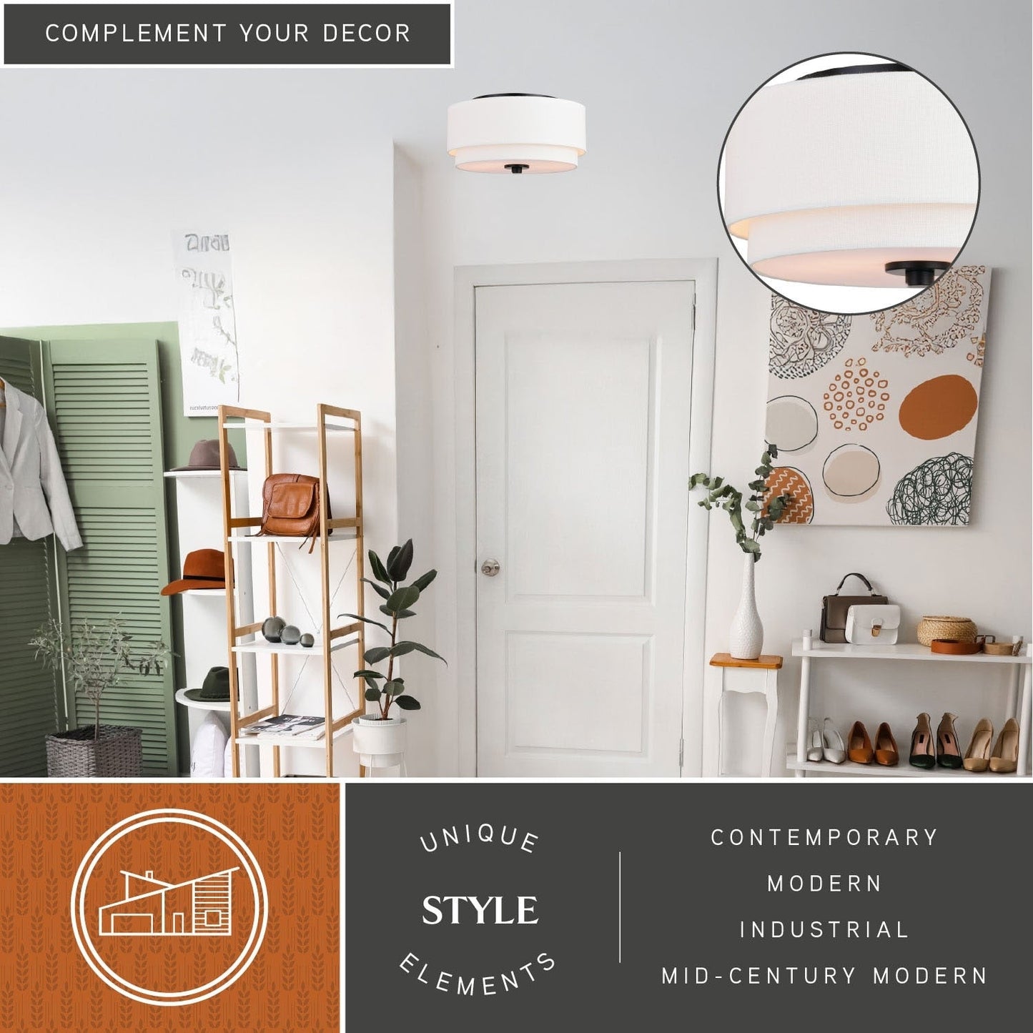 Plafonnier moderne du milieu du siècle de Burnaby avec abat-jour tambour en lin blanc