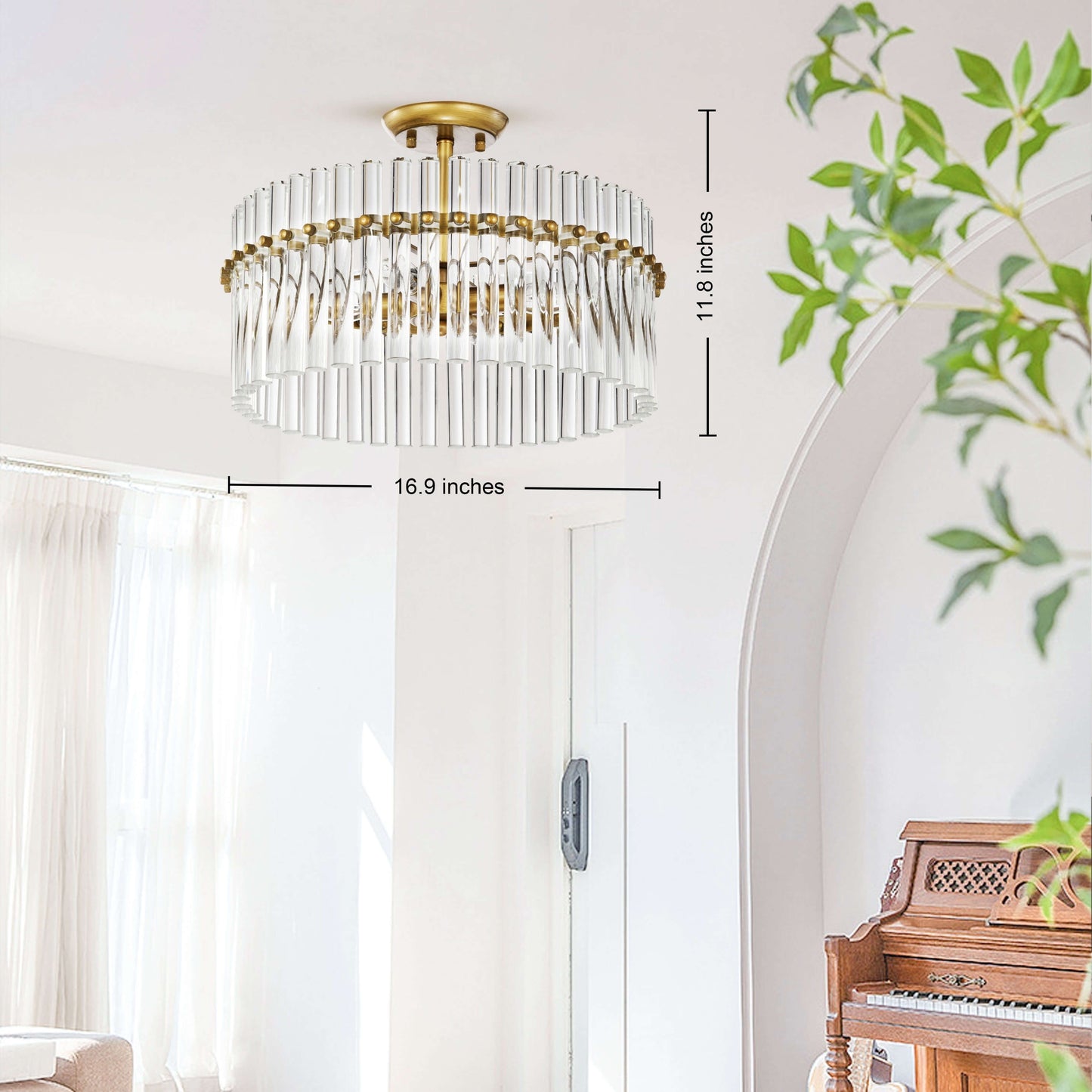 Plafonnier Casandra à 4 lumières en laiton brossé et cristal