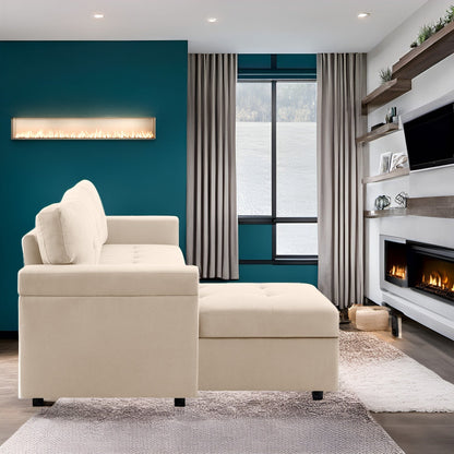 Canapé sectionnel convertible réversible avec lit gigogne, méridienne avec rangement dissimulé et pieds robustes