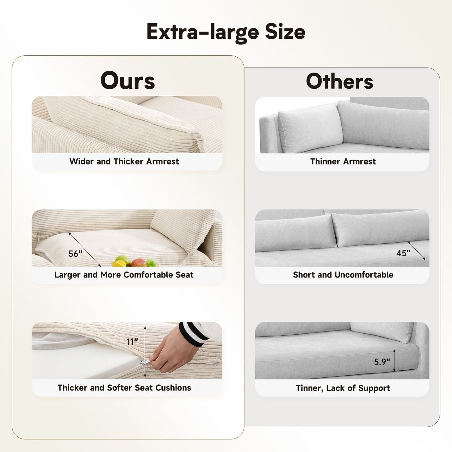 Canapé sectionnel en velours côtelé avec poufs amovibles et coussins ultra-doux pour salon et chambre