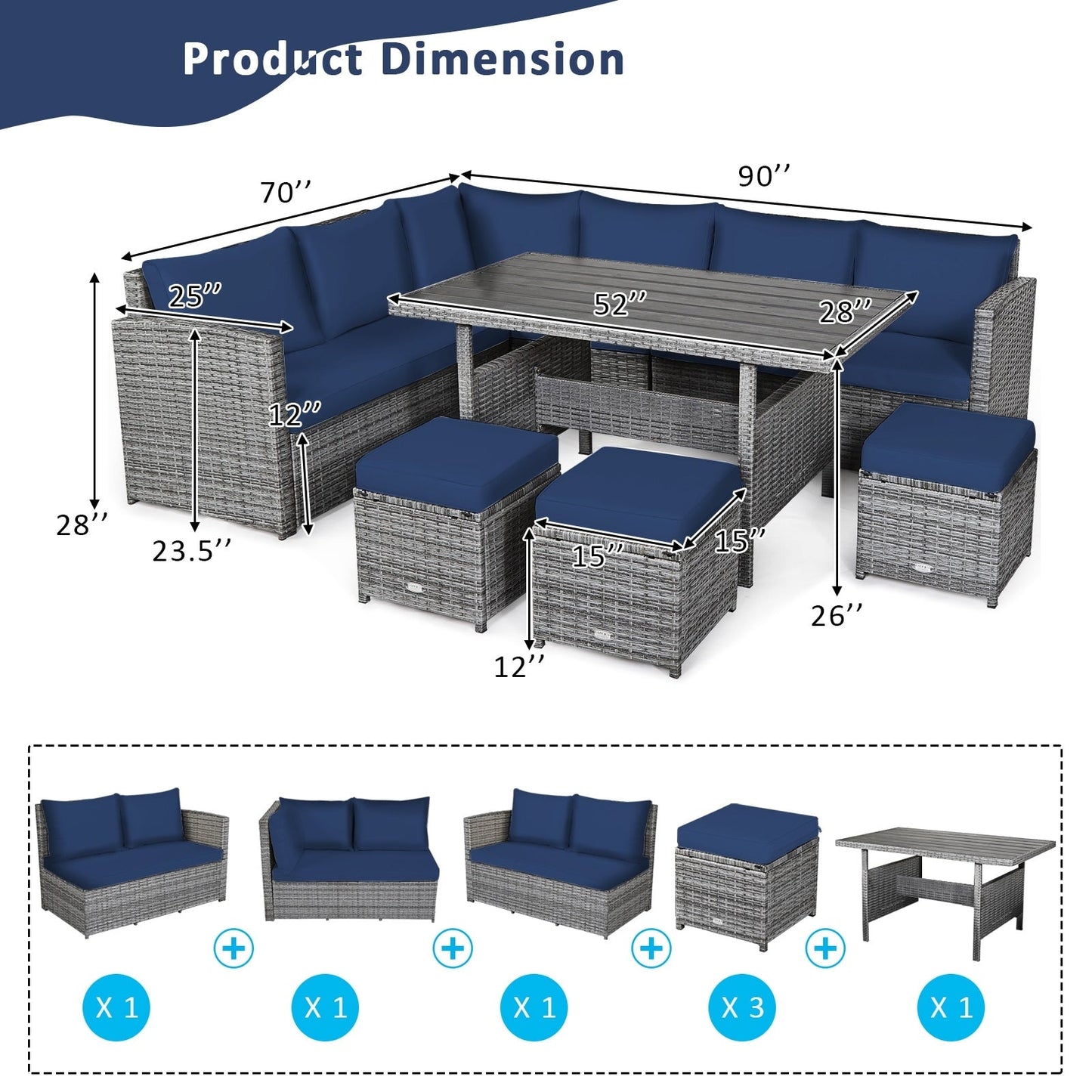 Ensemble de salle à manger en rotin Costway 7 pièces avec canapé sectionnel et pouf - Voir les détails