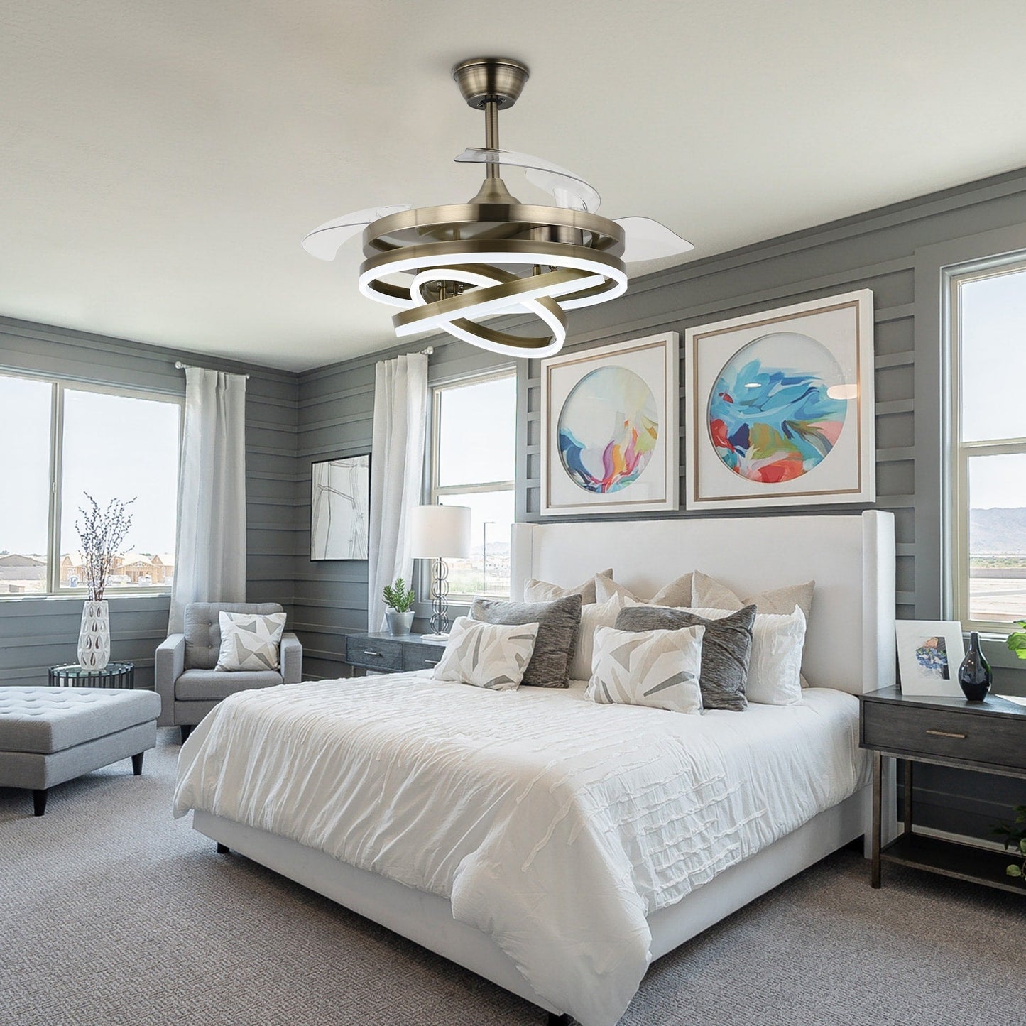 Ventilateur de plafond rétractable Cusp Barn 42 avec lumières et télécommande DIY Forme Fandelier Moderne Silencieux Moteur CC Plafonnier LED