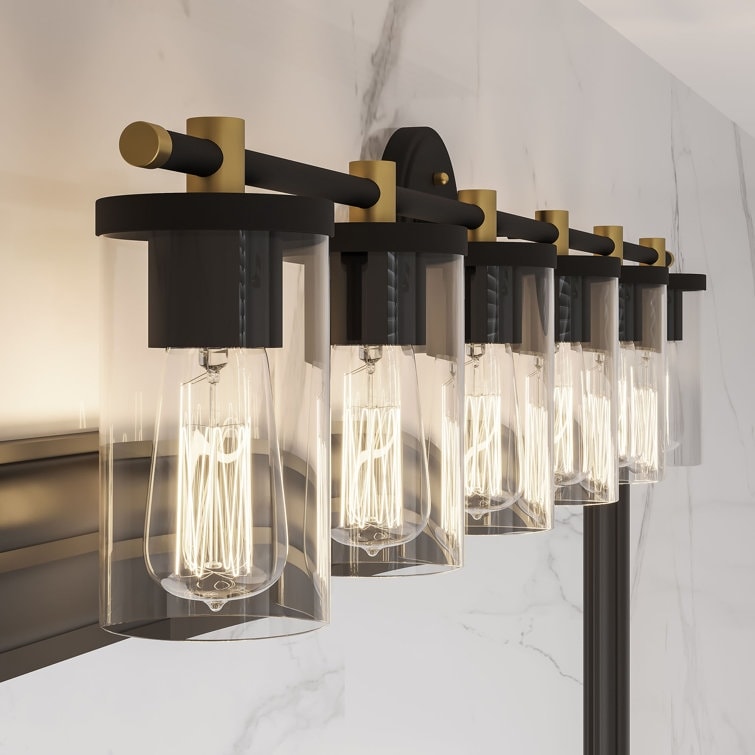 Applique murale de salle de bain Decatur à 6 lumières, style ferme moderne, noir/doré, certifiée UL