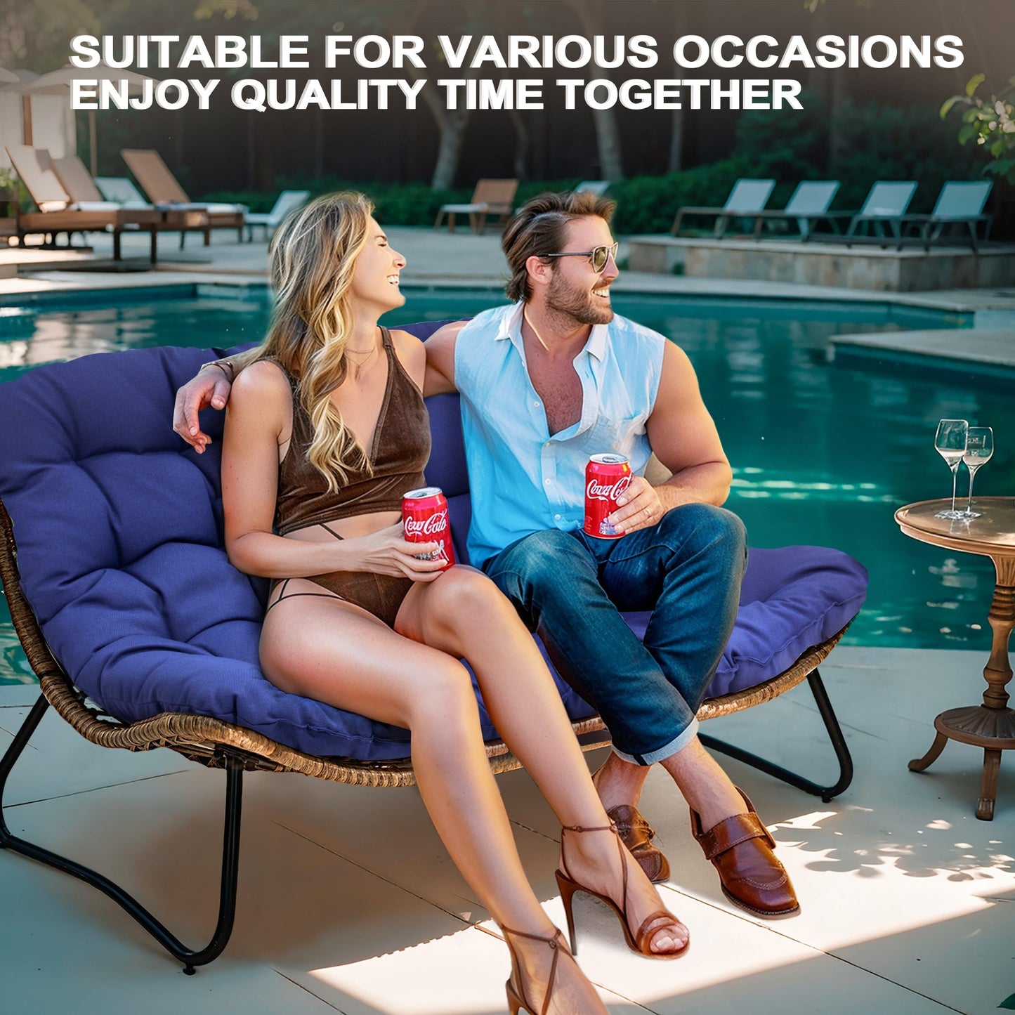 Fauteuil Papasan double avec coussin, rotin PE toutes saisons et cadre en métal pour intérieur et extérieur