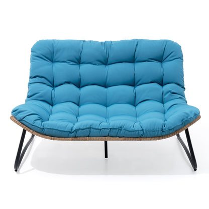 Fauteuil Papasan double avec coussin, rotin PE toutes saisons et cadre en métal pour intérieur et extérieur