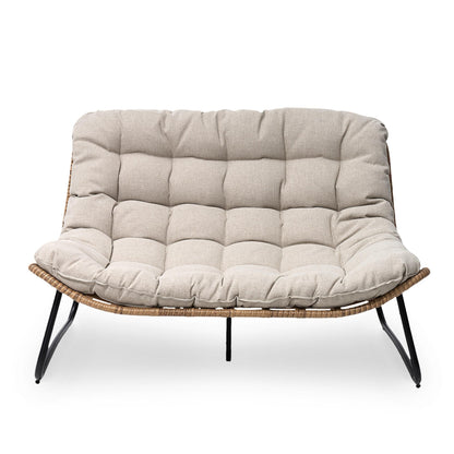 Fauteuil Papasan double avec coussin, rotin PE toutes saisons et cadre en métal pour intérieur et extérieur