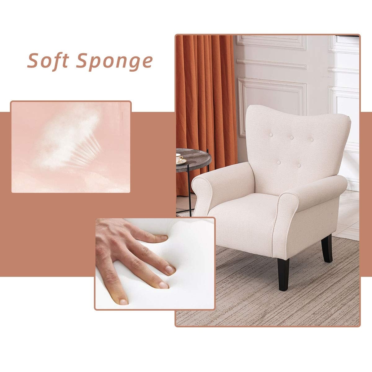 Fauteuil d'appoint moderne Erommy, fauteuil à dossier haut, canapé simple en tissu rembourré avec pieds en bois pour le salon