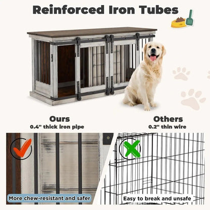 Cage pour chien en bois massif EROMMY, niche d'intérieur avec porte coulissante et meuble TV, niche chic en bois, cage élégante pour chien