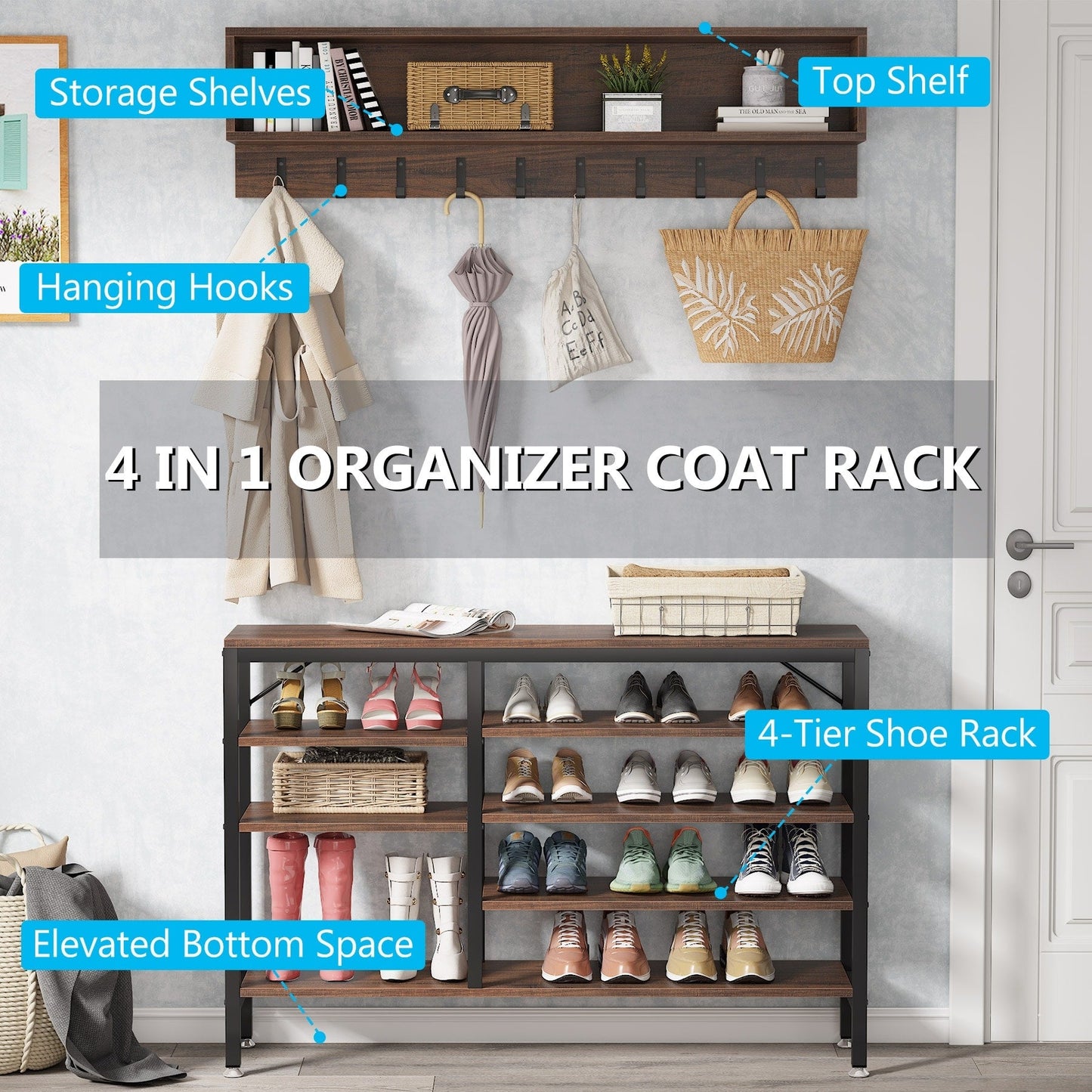 Ensemble de porte-manteaux et de bancs à chaussures pour entrée, porte-manteaux et porte-chaussures de style industriel