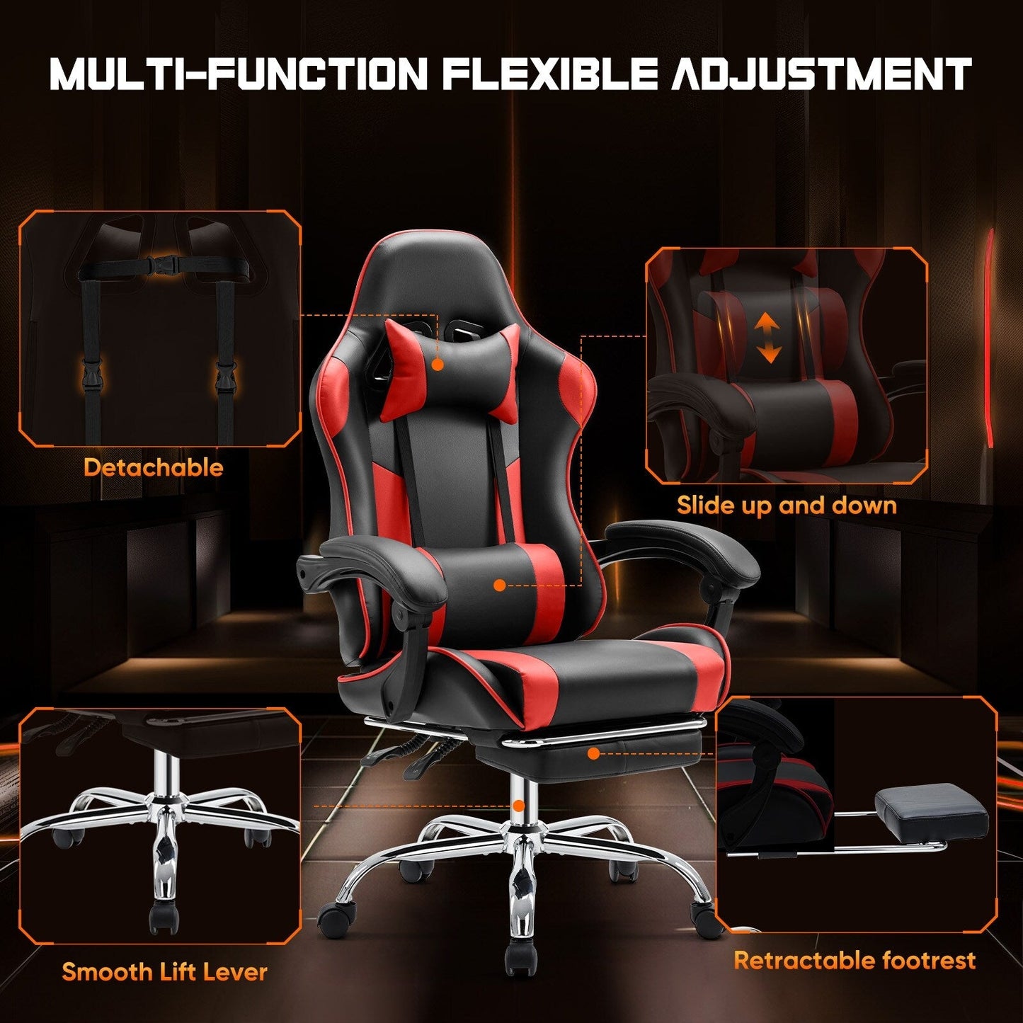 Fauteuil de jeu ergonomique pivotant à 360° en cuir PU avec repose-pieds, appui-tête, support lombaire et hauteur réglable